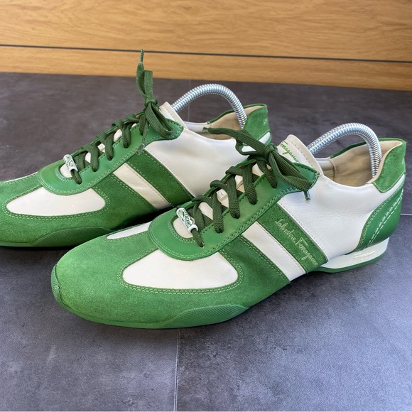 Salvatore Ferragamo Men’s Green and White Sneakers Leather/Suede 10.5 D